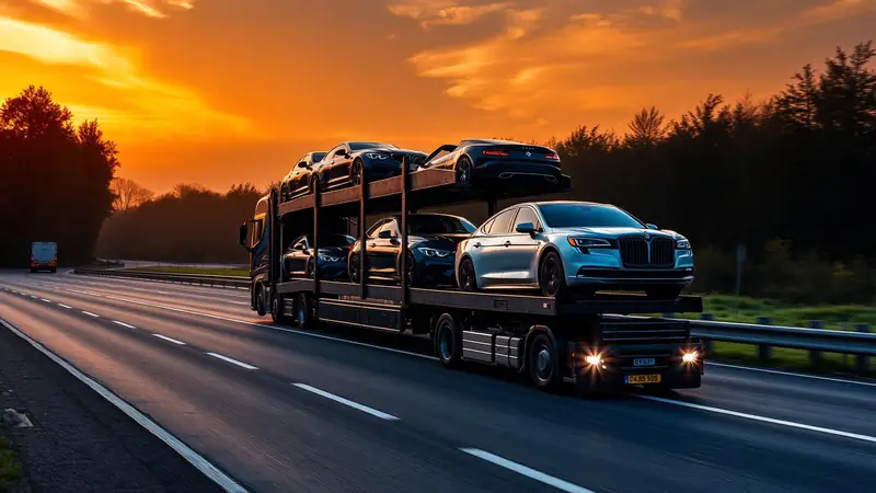 Autotransporter met voertuigen op de snelweg bij zonsondergang