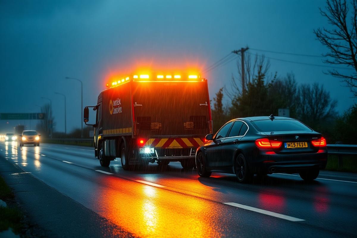 Pechhulp-bergingswagen langs de weg bij een gestrande auto